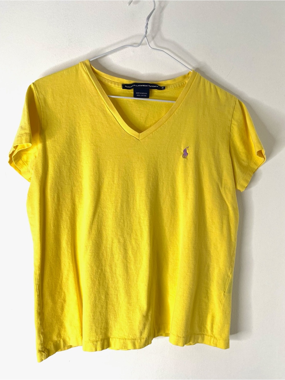 Ralph Lauren Sport Yellow V Neck Tee Purple Pony Logo Cotton Short Sleeve Preppy